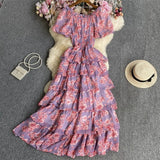 Floral And Haffin Dress Women's New Summer Bubble Short Sleeves To Close The Waist Thin Holiday High-End Cake