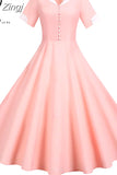 Women Summer Dress Slim Short Sleeve Polka Dot Print High Waist Vintage Elegant Office Party Midi Sundress