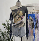 One-Shoulder Horn Long-Sleeved Mesh Yarn-Print T-Shirt With Short Tight Top