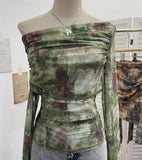 Tie-Dye-Print Mesh Folded Long-Sleeved T-Shirt With A Word-Collar Slanted Shoulder-To-Back Short Top
