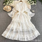 Retro Court Hollow Lace Splicing Horn Sleeve Dress Female Waist Temperament Over Knee Cake Long