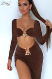 Ring Two Piece Set Autumn Women Party Dress Strapless Crop Top High Split Maxi Skirt Summer Holiday Beach Outfits