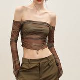 New Shoulder Long-Sleeved Mesh T-Shirt Girl Autumn Sweet Hottie Sexy Short-Term Perspective