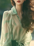 Elegant Exquisite Beauty Green Collar Long-Sleeved Shirt Women Spring And Autumn Yangqi Small Sun Protection