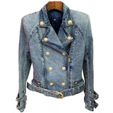 2025 New Women's Coat Lion Buckle Double Zipper Wash Denim Locomotive Small Suit