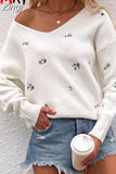 Winter Women's V Neck Sweater Flower White Long Sleeve Warm Knitted Sweater Women Green Embroidered Sweater for
