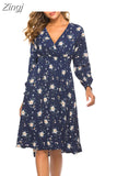 Women Vintage Floral Print A-Line Party Dress Spring Summer Elegant Long Sleeve Elastic Waist Chiffon Boho Beach Sundress