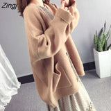 Women Autumn Solid Thicker Warm V-neck Pockets Loose Womens Sweater Ins Simple All-match Knit Tops 4-colors Korean
