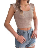 Spring And Summer Solid Color Square Wood Ear Sleeveless Knitted Shirt Open Umbilly Tops Women's