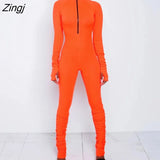 Turtleneck Zipper Skinny Jumpsuit Women Long Sleeve One Piece Neon Orange Bodysuit Female Running Fitness