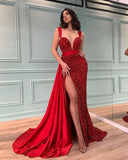 Ladies Shiny Prom Cocktail Dress Summer New Casual Sexy Red Split Sequin Tail Skirt Gown Suitable Formal