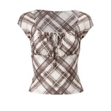 Zingj New Sexy Hot Girl Pleated Lace Bump Color Plaid Square Collar Slim Short-Sleeved T-Shirt
