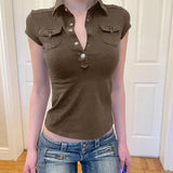 Women's Fashion Street Trend Artificial Style Collar Foundation Solid Color Hottie Short-Sleeved T-Shirt Blouse