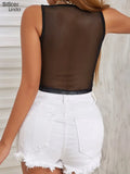 Mesh Patchwork Tank Tops Women Sexy O-Neck Sleeveless Summer Skinny Vest Trend Wild Party Clubwear Slim Tees