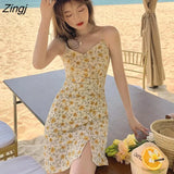 Women Sexy V-neck Floral Summer Holiday Fashion Korean Style Slim A-line Beach Wear Harajuku Sleeveless Side-slit