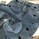 Embroidery Vintage Jeans Women High Waist Wide Leg Denim Pants Blue Streetwear Harajuku Baggy Gothic Black Trousers