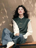 Chinese Green Fake Two-Piece Buckle Long-Sleeved Shirt Woman In The Spring Of 2025 New National Style Unique Special