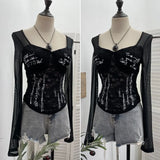 Shot With Chest Pad Hottie Letter-Print Lace Splicing Mesh T-Shirt T-Shirt