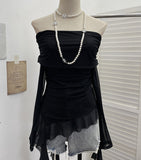 Shot A Word Shoulder Folded Top Girl Spring And Summer Side-Sleeve Strap Design French Long-Sleeved Mesh T-Shirt