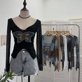 Real Shooting Pure Sexful V-Neck Umbilly T-Shirt Female Hairy Denim Butterfly Embroidered Mesh Yarn Long Sleeve Top