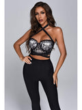Spaghetti Strap Lace Bodycon Bandage Jumpsuit Elegant Black Full Length Cropped Top Pants Bandage Set Nightclub Party