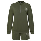 Autumn / Winter New Women's Casual Solid Color Zipper Standing Collar Print Hoodie Set