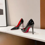 2025 New Red Bottom Water Drill Sister Fine Heel Black Single Shoe Tip Patent Skin Masculinity Women's
