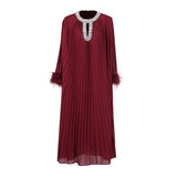 Elegant Dress Women's Autumn 2025 New Heavy Industry Diamond-Strowing Round Collar Loose Hair Splicing 100-Folded Long