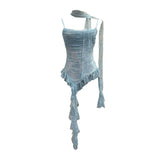 Lace Splicing Irregular Lotus Leaf Edge Ribbon Sling Vest Round Neck Sexy Sleeveless Top