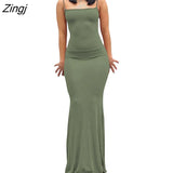Women’s Summer Suspender Bodycon Slim Fit Long Dress Fashion Solid Color Spaghetti Strap Party Tight