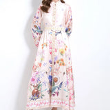 Court Elegant Fashion Print Single-D Row Lantern Sleeve Dress Women's Waists Thin Big Brand Long