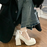 Pearl Fairy Wind Bow Thick-Soled Waterproof Table Mary Jane High Heel Women's Coarse Heel Single Shoes Bridesmaid