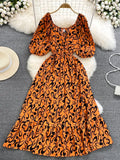 Women Printed Long Dress Vintage V-Neck Puff Short Sleeve A-Line Slim Vestidose Female Elegant Casual Robe New