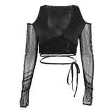 Zingj Ins Spring New Women Sexy V Neck Open Shoulder Hollow Mesh Long Sleeve Cross Lace Top T