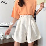 Women Summer Denim Wide-leg Buttons Vintage Washed High-waist Solid A-line Loose All-match Womens BF Ulzzang Slim