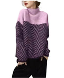 Autumn And Winter New Lazy Wind High-Neck Long Sleeves Colliding Splicing Knitted Shirt Retro Loose Jacket Warm