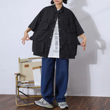 Zingj Cityboy Solid Color Multi-Pocket Overalls Short-Sleeved Shirt Men And Women Loose Retro Function Shirt