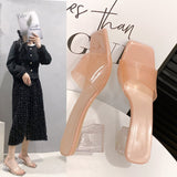 Summer New Transparent Crystal Slippers Women Wear Coarse High-Heeled Side Cool Slippers Outside Women's