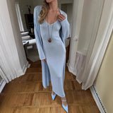 Hot Cotton Knitted Hollow Vest Long Dress + Long Sleeve Open Shirt Set Women's Soft Knitted