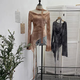 Shot A Word Shoulder Collar Long Sleeve Broken Hole Knitted Shirt Shirt Slightly Through The Hollow Irregular Ribbon T-Shirt Girl