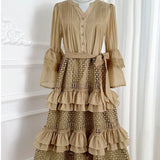 Elegant Gentle Wind Horn Sleeve Hollow Lace Splicing Cake Dress Women's Waist Thin