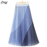 Long Skirt Women Fashion Contrast High Waist A-Line Pleated Skirt Harajuku Korean Style Black Mesh Midi Skirt Faldas