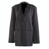 Autumn New Personalized Loose Version Of Real Wood Buckle Combination Top Suit + Pants Two-Piece Set Female
