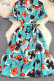 Women Printed Dress Elegant Turn-Down Collar Short Sleeve High Waist A-Line Red/Blue/Purple Slim Vestidos New