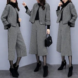New Women's Autumn And Winter Two Sets Of Trousers Thousand Bird Hairs Coat Wide Leg Pants Casual Fashion Suit Women's