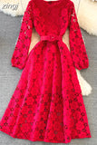 Yellow/Red/White Hollow Out Lace Long Dress Vintage O-Neck Puff Sleeve High Waist A-Line Big Swing Maxi Party Vestido