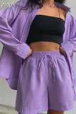 Sleeve Solid Green Shirt Casual Fashion Tops Summer Cotton Suit Two Piece Set Homewear Set Trousers Straight Shorts