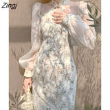 Elegant Cheongsam Dress Women Floral Embroidery Design Party Fairy Dress Female 2022 Spring Court Retro Long Split