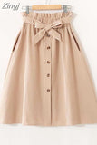 Women Casual Cotton Skirts 2023 Spring Summer Korean Style Solid Elegant High Waist Single-Breasted Bow Lace Up A-Line Midi