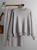 Zingj Women Gentle Knitted Suits Turtleneck Long Sleeve Loose Pullover+Elastic Waist Bodycon Skirt Winter Fashion Solid Sets 211-0-Outfit
